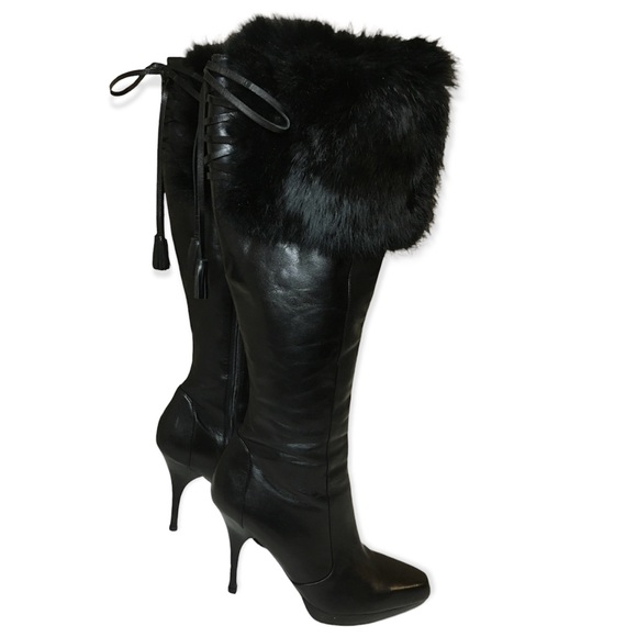Via Spiga Shoes - Via Spiga Boots, Leather Knee High Boots with Real Fur Trim, Black, Size 7.5